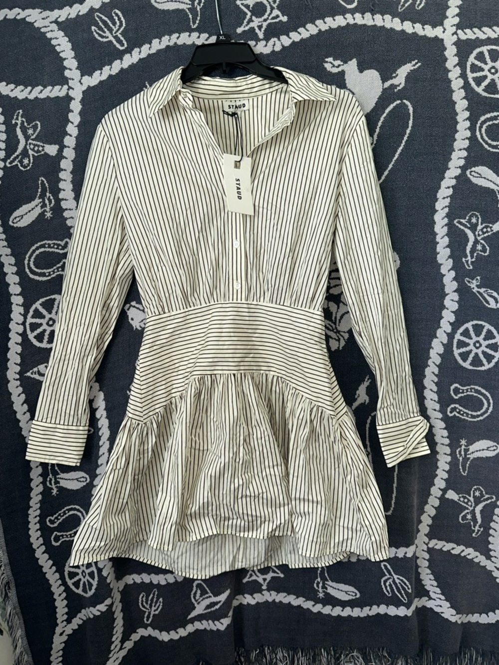 STAUD Black and White Striped Button-Front Shirt Dress